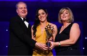 1 December 2018; Sinéad Goldrick of Dublin is presented with her TG4 All Star award by Ard Stiúrthóir TG4, Alan Esslemont and President of LGFA Marie Hickey during the TG4 Ladies Football All Stars Awards 2018, in association with Lidl, at the Citywest Hotel in Dublin. Photo by Brendan Moran/Sportsfile