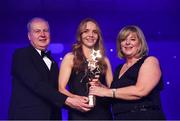 1 December 2018; Ciara Trant of Dublin is presented with her TG4 All Star award by Ard Stiúrthóir TG4, Alan Esslemont and President of LGFA Marie Hickey during the TG4 Ladies Football All Stars Awards 2018, in association with Lidl, at the Citywest Hotel in Dublin. Photo by Brendan Moran/Sportsfile