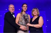 1 December 2018; Kate Flood is presented with the TG4 Junior Players' Player of the Year Award by Ard Stiúrthóir TG4 Alan Esslemont and President of LGFA Marie Hickey during the TG4 Ladies Football All Stars Awards 2018, in association with Lidl, at the Citywest Hotel in Dublin. Photo by Brendan Moran/Sportsfile