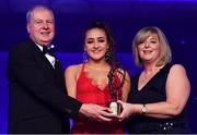1 December 2018; Chellene Trill of Galway is presented with the Connacht Young Player of the Year award by Ard Stiúrthóir TG4, Alan Esslemont and President of LGFA Marie Hickey during the TG4 Ladies Football All Stars Awards 2018, in association with Lidl, at the Citywest Hotel in Dublin. Photo by Brendan Moran/Sportsfile