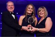 1 December 2018; Aoife Rattigan of Kildare is presented with the Leinster Young Player of the Year award by Ard Stiúrthóir TG4, Alan Esslemont and President of LGFA Marie Hickey during the TG4 Ladies Football All Stars Awards 2018, in association with Lidl, at the Citywest Hotel in Dublin. Photo by Brendan Moran/Sportsfile