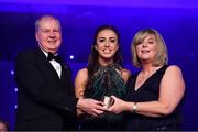 1 December 2018; Megan Ryan of Donegal is presented with the Ulster Young Player of the Year award by Ard Stiúrthóir TG4, Alan Esslemont and President of LGFA Marie Hickey during the TG4 Ladies Football All Stars Awards 2018, in association with Lidl, at the Citywest Hotel in Dublin. Photo by Brendan Moran/Sportsfile