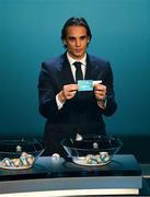 2 December 2018; Former Portugal international Nuno Gomes draws out England during the UEFA EURO2020 Qualifying Draw at the Convention Centre in Dublin. Photo by Sam Barnes/Sportsfile