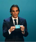 2 December 2018; Former Portugal international Nuno Gomes draws out England during the UEFA EURO2020 Qualifying Draw at the Convention Centre in Dublin. Photo by Sam Barnes/Sportsfile