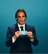 2 December 2018; Former Portugal international Nuno Gomes draws out Netherlands during the UEFA EURO2020 Qualifying Draw at the Convention Centre in Dublin. Photo by Sam Barnes/Sportsfile