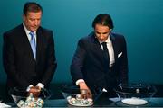 2 December 2018; Former Portugal international Nuno Gomes, right, and Former Republic of Ireland international Ronnie Whelan during the UEFA EURO2020 Qualifying Draw at the Convention Centre in Dublin. Photo by Sam Barnes/Sportsfile