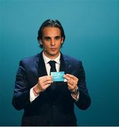 2 December 2018; Former Portugal international Nuno Gomes draws out Belgium during the UEFA EURO2020 Qualifying Draw at the Convention Centre in Dublin. Photo by Sam Barnes/Sportsfile