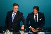 2 December 2018; Former Portugal international Nuno Gomes, right, and Former Republic of Ireland international Ronnie Whelan during the UEFA EURO2020 Qualifying Draw at the Convention Centre in Dublin. Photo by Sam Barnes/Sportsfile