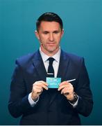 2 December 2018; Republic of Ireland assistant coach Robbie Keane draws out Austria during the UEFA EURO2020 Qualifying Draw at the Convention Centre in Dublin. Photo by Sam Barnes/Sportsfile