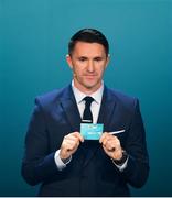 2 December 2018; Republic of Ireland assistant coach Robbie Keane draws out Wales during the UEFA EURO2020 Qualifying Draw at the Convention Centre in Dublin. Photo by Sam Barnes/Sportsfile