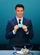 2 December 2018; Republic of Ireland assistant coach Robbie Keane draws out Germany during the UEFA EURO2020 Qualifying Draw at the Convention Centre in Dublin. Photo by Sam Barnes/Sportsfile