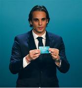 2 December 2018; Former Portugal international Nuno Gomes draws out Kosovo during the UEFA EURO2020 Qualifying Draw at the Convention Centre in Dublin. Photo by Sam Barnes/Sportsfile