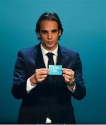 2 December 2018; Former Portugal international Nuno Gomes draws out Israel during the UEFA EURO2020 Qualifying Draw at the Convention Centre in Dublin. Photo by Sam Barnes/Sportsfile