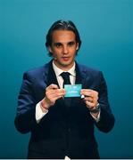 2 December 2018; Former Portugal international Nuno Gomes draws out Slovakia during the UEFA EURO2020 Qualifying Draw at the Convention Centre in Dublin. Photo by Sam Barnes/Sportsfile