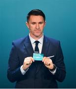 2 December 2018; Republic of Ireland assistant coach Robbie Keane draws out Russia during the UEFA EURO2020 Qualifying Draw at the Convention Centre in Dublin. Photo by Sam Barnes/Sportsfile