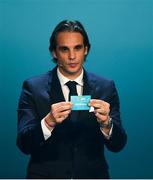 2 December 2018; Former Portugal international Nuno Gomes draws out Bulgaria during the UEFA EURO2020 Qualifying Draw at the Convention Centre in Dublin. Photo by Sam Barnes/Sportsfile