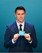 2 December 2018; Republic of Ireland assistant coach Robbie Keane draws out Estonia during the UEFA EURO2020 Qualifying Draw at the Convention Centre in Dublin. Photo by Sam Barnes/Sportsfile