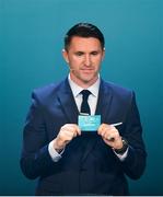 2 December 2018; Republic of Ireland assistant coach Robbie Keane draws out Slovenia during the UEFA EURO2020 Qualifying Draw at the Convention Centre in Dublin. Photo by Sam Barnes/Sportsfile