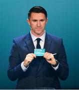 2 December 2018; Republic of Ireland assistant coach Robbie Keane draws out Hungary during the UEFA EURO2020 Qualifying Draw at the Convention Centre in Dublin. Photo by Sam Barnes/Sportsfile