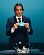 2 December 2018; Former Portugal international Nuno Gomes draws out Belarus during the UEFA EURO2020 Qualifying Draw at the Convention Centre in Dublin. Photo by Sam Barnes/Sportsfile
