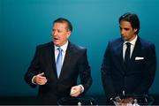 2 December 2018; Former Republic of Ireland international Ronnie Whelan, left, and Former Portugal international Nuno Gomes during the UEFA EURO2020 Qualifying Draw at the Convention Centre in Dublin. Photo by Sam Barnes/Sportsfile