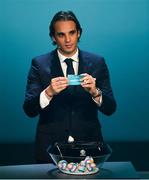 2 December 2018; Former Portugal international Nuno Gomes draws out Gibraltar during the UEFA EURO2020 Qualifying Draw at the Convention Centre in Dublin. Photo by Sam Barnes/Sportsfile