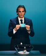 2 December 2018; Former Portugal international Nuno Gomes draws out Kazakhstan during the UEFA EURO2020 Qualifying Draw at the Convention Centre in Dublin. Photo by Sam Barnes/Sportsfile