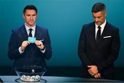 2 December 2018; Republic of Ireland assistant coach Robbie Keane draws out Latvia, left, with Former Portugal international Vítor Baía during the UEFA EURO2020 Qualifying Draw at the Convention Centre in Dublin. Photo by Sam Barnes/Sportsfile