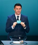 2 December 2018; Republic of Ireland assistant coach Robbie Keane draws out Andorra during the UEFA EURO2020 Qualifying Draw at the Convention Centre in Dublin. Photo by Sam Barnes/Sportsfile