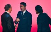 2 December 2018; Republic of Ireland assistant coach Robbie Keane, centre, with Former Republic of Ireland international Ronnie Whelan, left, and Former Portugal international Nuno Gomes the UEFA EURO2020 Qualifying Draw at the Convention Centre in Dublin. Photo by Sam Barnes/Sportsfile