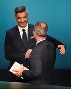 2 December 2018; Former Portugal international Vítor Baía, left, and UEFA competitions director Giorgio Marchetti following the UEFA EURO2020 Qualifying Draw at the Convention Centre in Dublin. Photo by Sam Barnes/Sportsfile