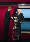 2 December 2018; UEFA President Aleksander Ceferin, left, and President of Ireland Michael D Higgins with the Henri Delaunay Trophy following the UEFA EURO2020 Qualifying Draw at the Convention Centre in Dublin. Photo by Sam Barnes/Sportsfile
