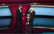 2 December 2018; UEFA President Aleksander Ceferin, left, and President of Ireland Michael D Higgins with the Henri Delaunay Trophy following the UEFA EURO2020 Qualifying Draw at the Convention Centre in Dublin. Photo by Sam Barnes/Sportsfile