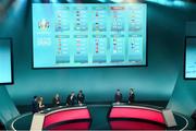 2 December 2018; A view of the groups and panel as Former Republic of Ireland international Ronnie Whelan pulls a ball from the pot during the UEFA EURO2020 Qualifying Draw at the Convention Centre in Dublin. Photo by Sam Barnes/Sportsfile