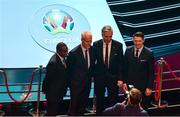 2 December 2018; From left, Republic of Ireland assistant coach Terry Connor, Republic of Ireland manager Mick McCarthy, John Delaney, CEO, Football Association of Ireland and Republic of Ireland assistant coach Robbie Keane, pose for a photograph following the UEFA EURO2020 Qualifying Draw at the Convention Centre in Dublin. Photo by Sam Barnes/Sportsfile