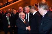 2 December 2018; President Michael D Higgins, left, is greeted by UEFA President Aleksander Ceferin during the UEFA EURO2020 Qualifying Draw at the Convention Centre in Dublin. (Photo by Stephen McCarthy / UEFA via Sportsfile)