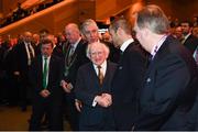 2 December 2018; President Michael D Higgins, left, is greeted by UEFA President Aleksander Ceferin during the UEFA EURO2020 Qualifying Draw at the Convention Centre in Dublin. (Photo by Stephen McCarthy / UEFA via Sportsfile)