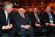 2 December 2018; Attendees John Delaney, CEO, Football Association of Ireland, President of Ireland Michael D Higgins, UEFA President Aleksander Ceferin and UEFA Vice-President Karl-Erik Nilsson prior to the UEFA EURO2020 Qualifying Draw at the Convention Centre in Dublin. (Photo by Harold Cunningham / UEFA via Sportsfile)