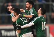 2 December 2018; Gaoth Dobhair players Odhrán Mac NiallaisMichael Carroll, Naoise O'Baoill and Cian Mulligan celebrate after the AIB Ulster GAA Football Senior Club Championship Final match between Gaoth Dobhair and Scotstown at Healy Park in Tyrone. Photo by Oliver McVeigh/Sportsfile