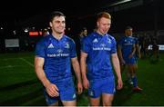 1 December 2018; Conor O'Brien, left, and Ciarán Frawley of Leinster during the Guinness PRO14 Round 10 match between Dragons and Leinster at Rodney Parade in Newport, Wales. Photo by Ramsey Cardy/Sportsfile