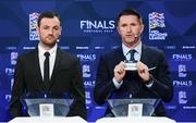 3 December 2018; Former Republic of Ireland international Robbie Keane, in the company of Republic of Ireland Cerebral Palsy captain Gary Messett, left, draws out the name of Portugal during the UEFA Nations League Finals Draw at The Shelbourne Hotel in Dublin. Photo by Stephen McCarthy/Sportsfile