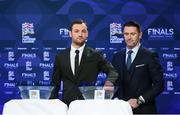 3 December 2018; Republic of Ireland Cerebral Palsy captain Gary Messett, left, and former Republic of Ireland international Robbie Keane conduct the UEFA Nations League Finals Draw at The Shelbourne Hotel in Dublin. Photo by Stephen McCarthy/Sportsfile