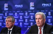 3 December 2018; Switzerland head coach Vladimir Petkovic, right, and Portugal head coach Fernando Santos during a press conference following the UEFA Nations League Finals Draw at The Shelbourne Hotel in Dublin. Photo by Stephen McCarthy/Sportsfile