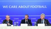 3 December 2018; UEFA President Aleksander Ceferin, with UEFA Deputy General Secretary Giorgio Marchetti, left, and UEFA Communication Director Phil Townsend, right, during a UEFA Executive Committee press conference at The Shelbourne Hotel in Dublin. Photo by Stephen McCarthy/Sportsfile