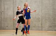 4 December 2018; Grace Fitzpatrick Ryan of Ursuline Secondary School, Thurles, Tipperary, in action against Ciara Brennan of St. Attracta's Community School, Tubbercurry, Sligo, during the Post-Primary Schools National Futsal Finals match between Ursuline Secondary School, Thurles, Tipperary, and St. Attracta's Community School, Tubbercurry, Sligo, at Waterford IT Sports Arena in Waterford. Photo by Eóin Noonan/Sportsfile