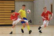 4 December 2018; Ronan Clarke of St. Louis Community School, Kiltimagh, Mayo, in action against Conor McGinty of St. Columba's College, Stranorlar, Donegal, during the Post-Primary Schools National Futsal Finals match between St. Louis Community School, Kiltimagh, Mayo and St. Columba's College, Stranorlar, Donegal at Waterford IT Sports Arena in Waterford. Photo by Eóin Noonan/Sportsfile