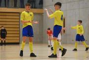 4 December 2018; Ronan Clarke, left, and Robert O'Flaherty of St. Louis Community School, Kiltimagh, Mayo, celebrate after their win against St. Columba's College, Stranorlar, Donegal, during the Post-Primary Schools National Futsal Finals at Waterford IT Sports Arena in Waterford. Photo by Eóin Noonan/Sportsfile