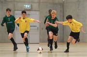 4 December 2018; Odhran Ferris of Mercy Secondary School, Tralee, Kerry, in action against Altay Guneyer, left, and Ryan McBrearty of St. Mary's Diocesan School, Drogheda, Louth, during the Post-Primary Schools National Futsal Finals match between Mercy Secondary School, Tralee, Kerry and St. Mary's Diocesan School, Drogheda, Louth at Waterford IT Sports Arena in Waterford. Photo by Eóin Noonan/Sportsfile