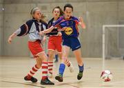 4 December 2018; Kate Carr of Ursuline secondary school, Thurles, Tipperary, in action against Sophie O'Hagan of Coláiste Chiaráin, Leixlip, Kildare, during the Post-Primary Schools National Futsal Finals match between Ursuline secondary school, Thurles, Tipperary and Coláiste Chiaráin, Leixlip, Kildare at Waterford IT Sports Arena in Waterford. Photo by Eóin Noonan/Sportsfile