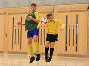 4 December 2018; Ronan Clarke of St. Louis Community School, Kiltimagh, Mayo in action against Jake Hough of St. Mary's Diocesan School, Drogheda, Louth during the Post-Primary Schools National Futsal Finals match between St. Louis Community School, Kiltimagh, Mayo and St. Mary's Diocesan School, Drogheda, Louth at Waterford IT Sports Arena in Waterford. Photo by Eóin Noonan/Sportsfile